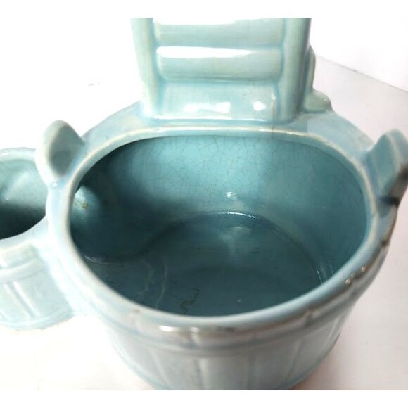 Vintage Planter Wringer Wash Tub and Bucket Ceramic Greenish Blue 6.5 X 4 Inch - Picture 3 of 8